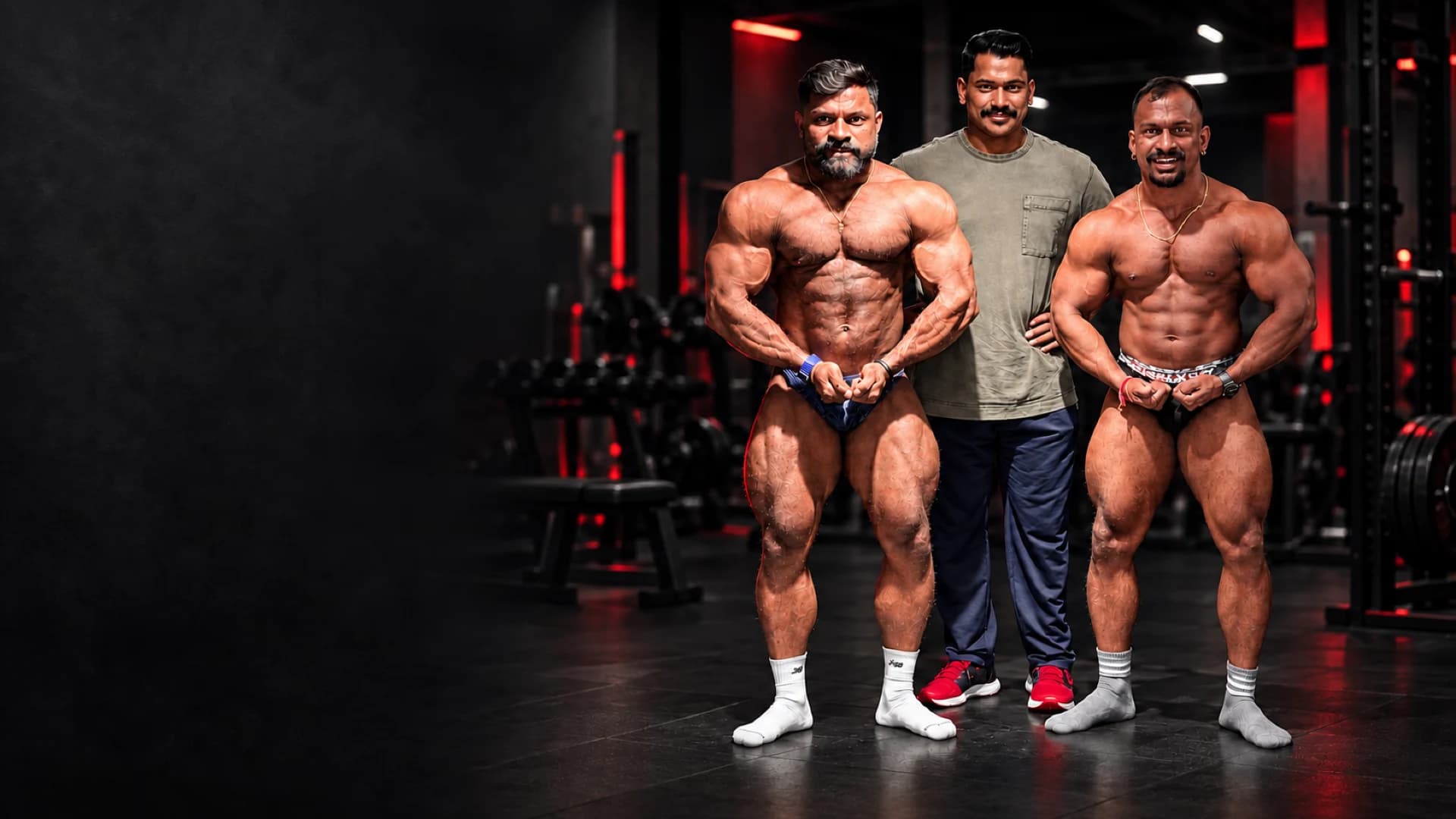 Vijesh in an olive shirt with two Team Maxwell athletes in the gym