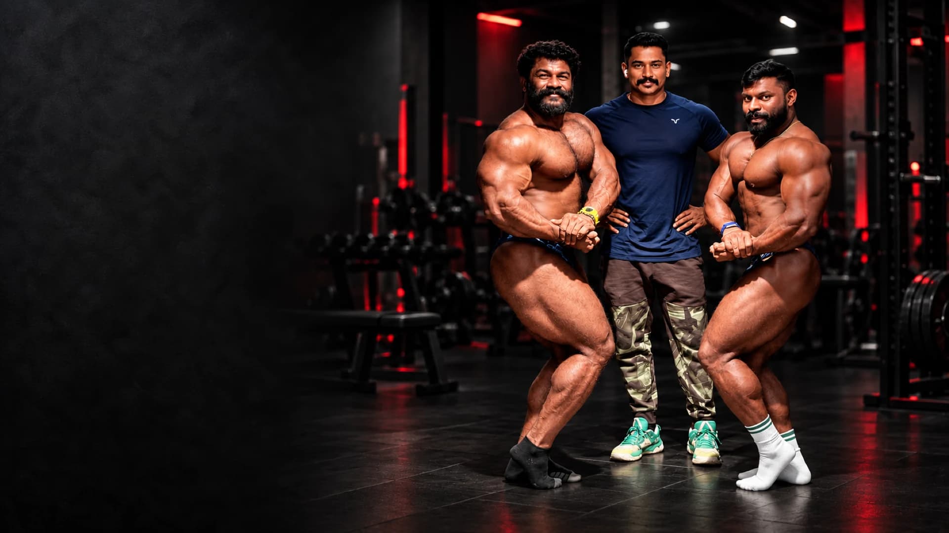Vijesh in a navy shirt with two Team Maxwell athletes holding side poses